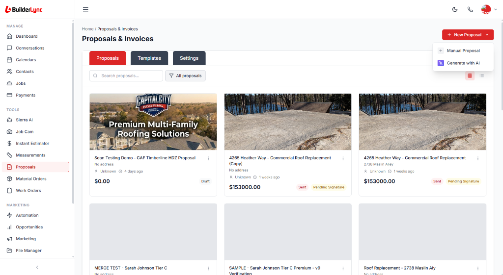 BuilderLync proposals and invoices module with AI-powered proposal generation