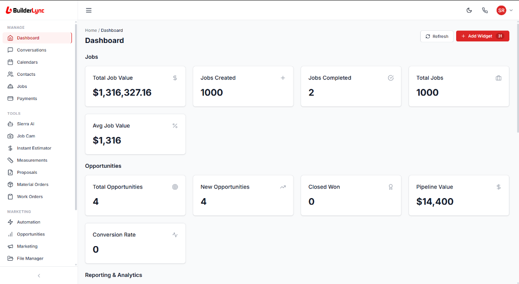 BuilderLync smart dashboard showing total job value, jobs created, opportunities, and pipeline metrics