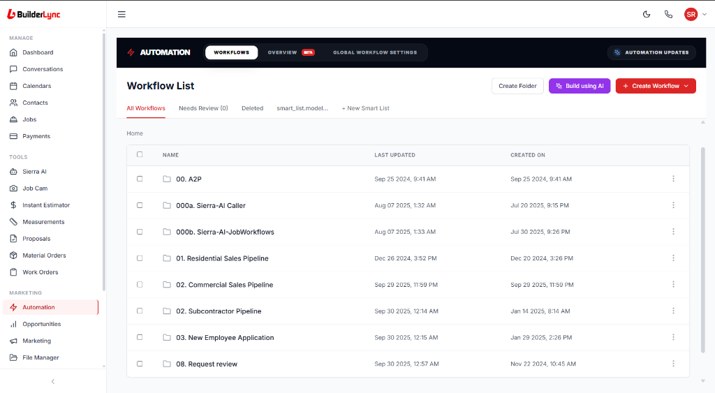 BuilderLync automation workflow list showing AI-powered follow-up sequences