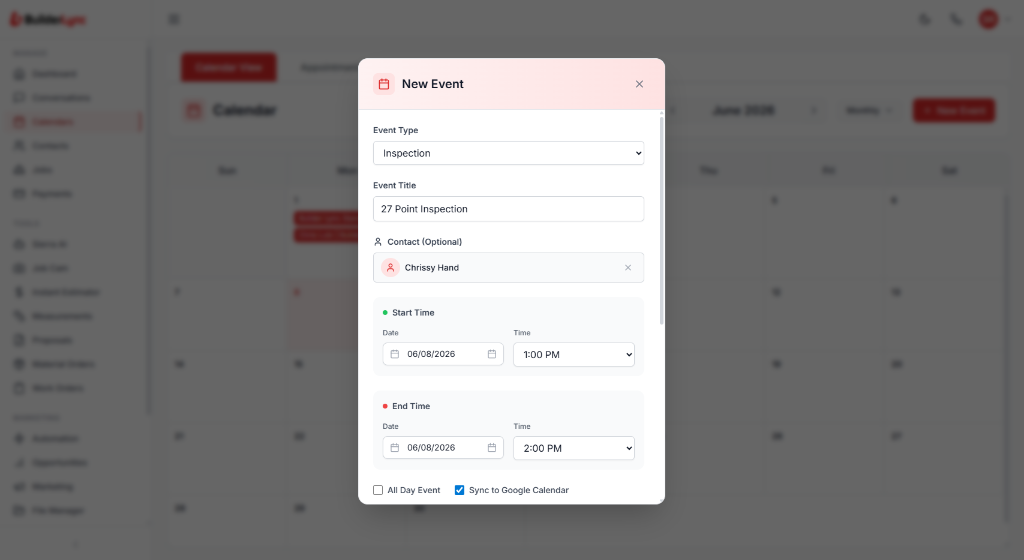 BuilderLync calendar view with new event creation for inspections